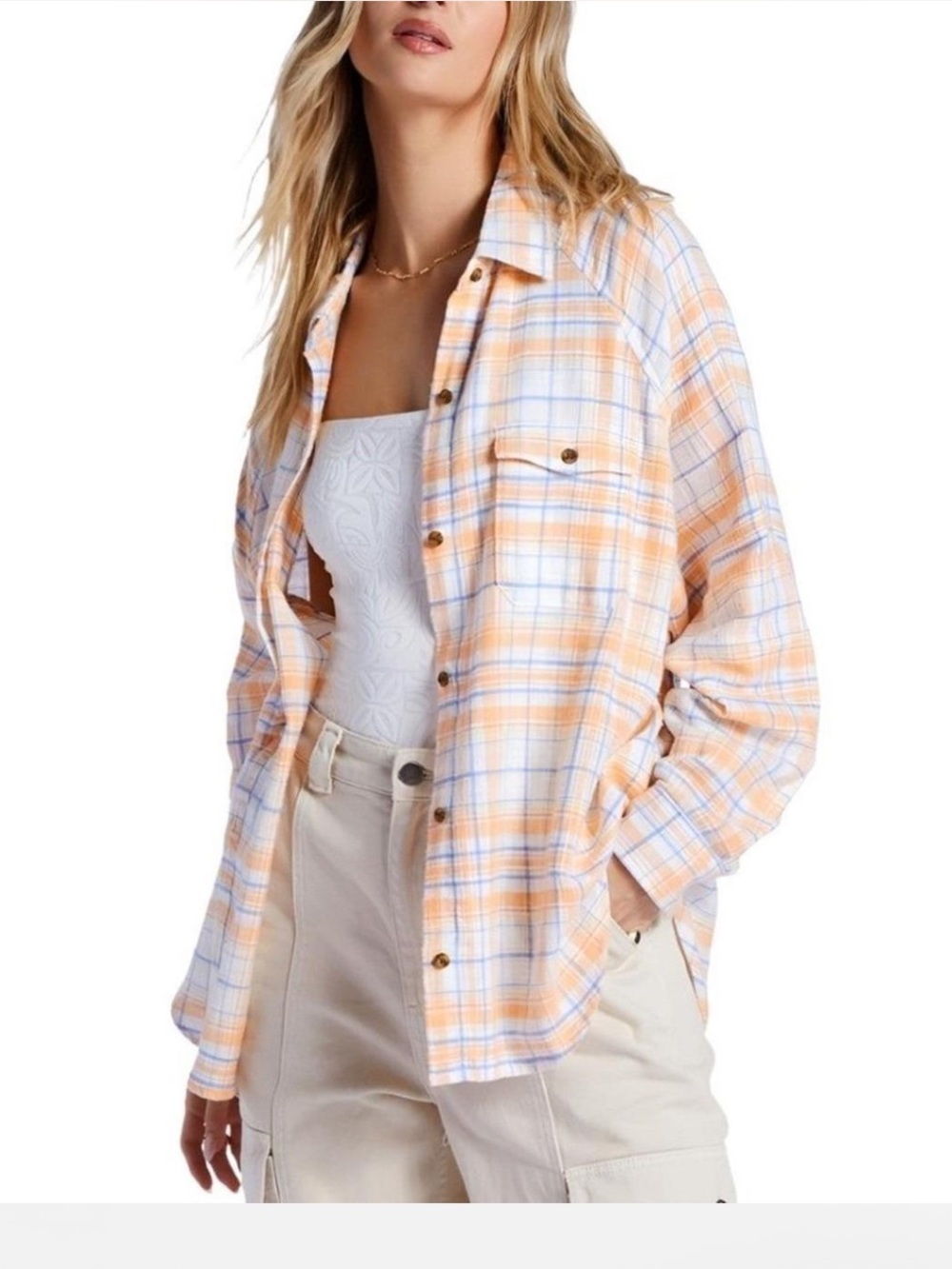 Billabong Oversized Plaid Orange Blue Beachy Shirt Medium